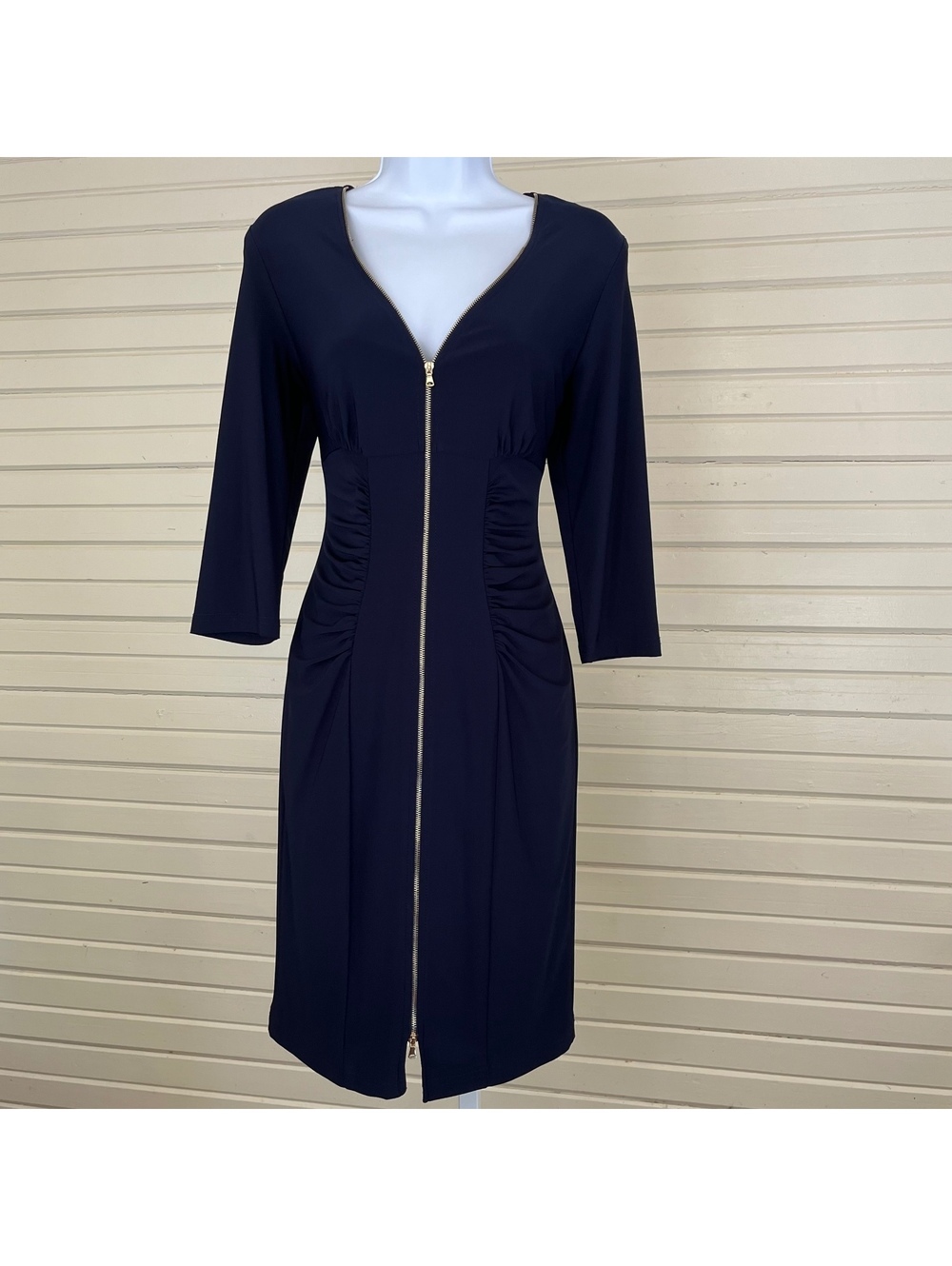 Cartise Navy Blue Zip Front Ruched Midi Dress Size 4